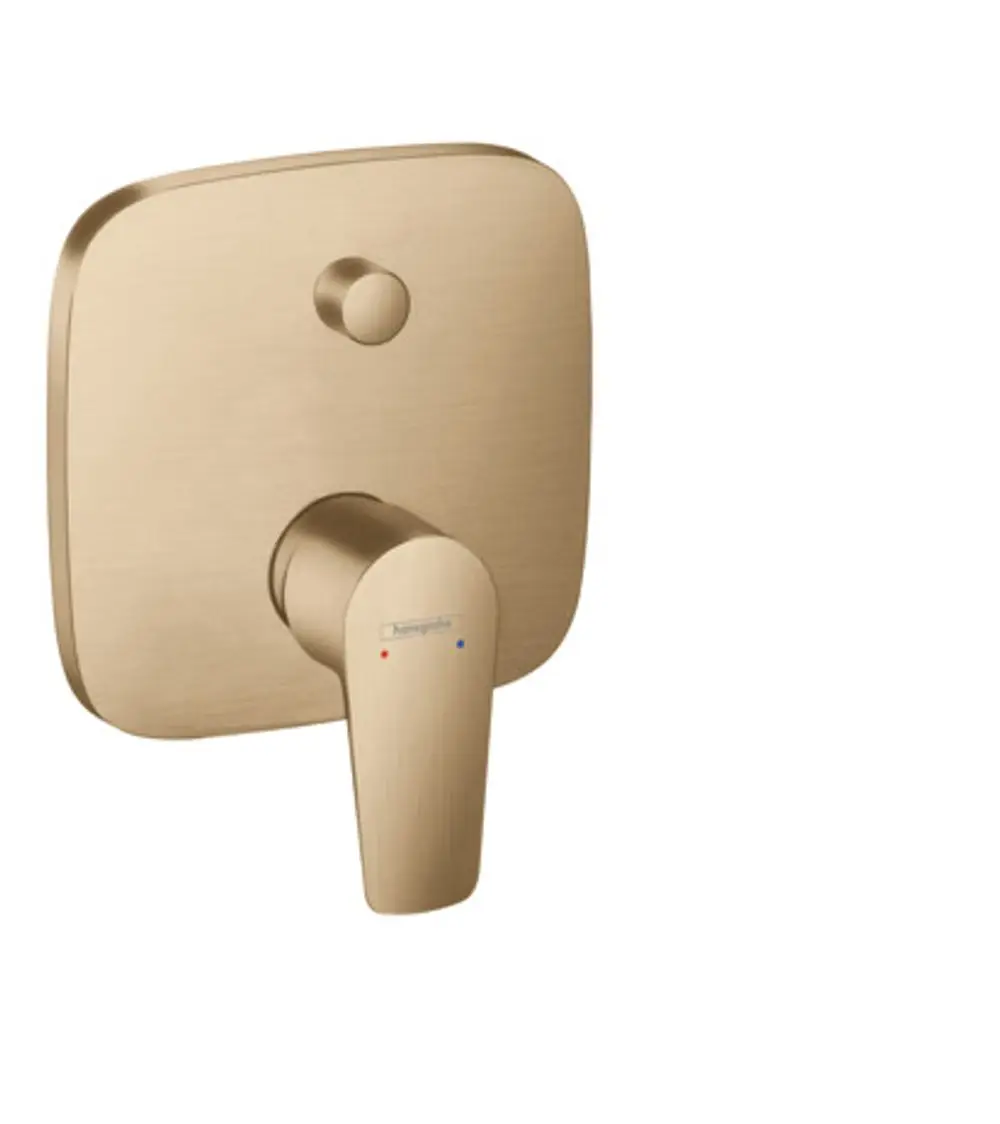 Hansgrohe Einhebel-Wannenmischer in gebürstetem Bronze, mit quadratischer Wandplatte und farbigen Temperaturmarkierungen für die Wassersteuerung.